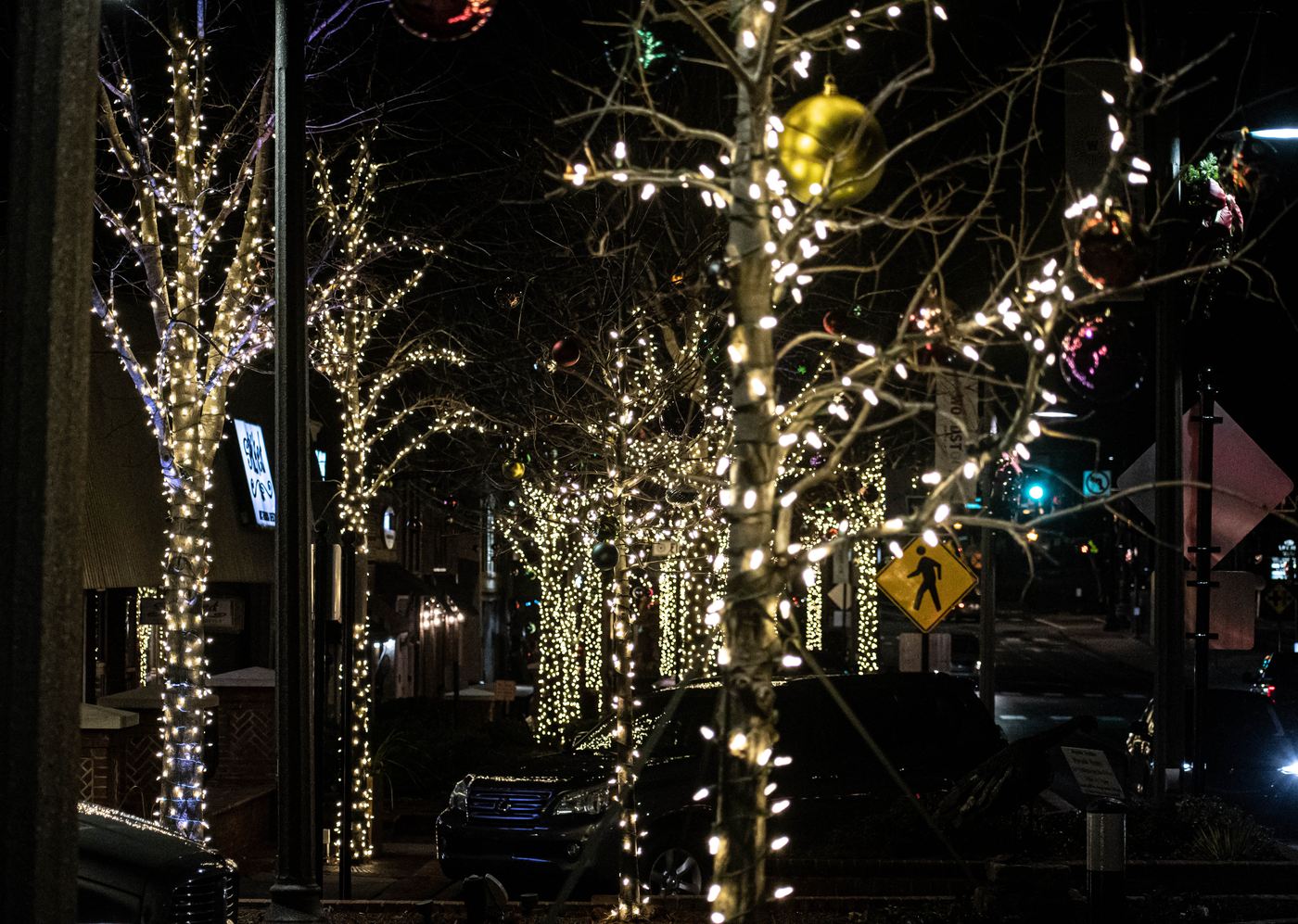 Sidewalk trees lit along a row of tenant facades